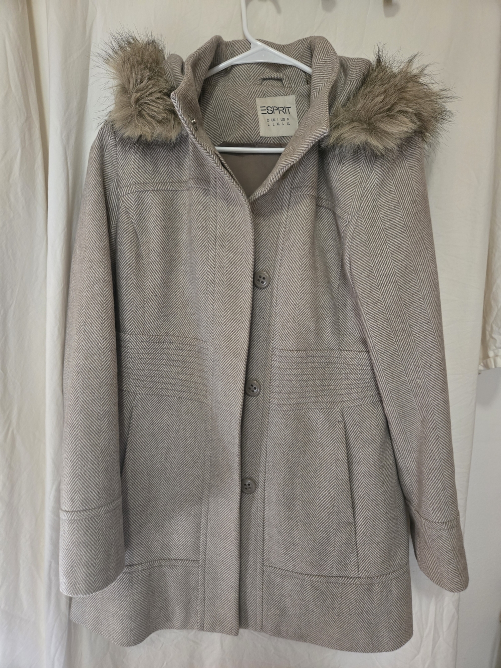 Esprit Women's Taupe Hooded Wool-Blend Coat with Faux Fur Trim L